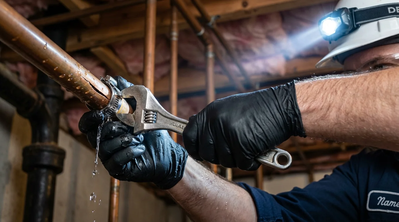 Emergency pipe clamp repair being performed by a Johns Plumbing LLC plumber in Batavia