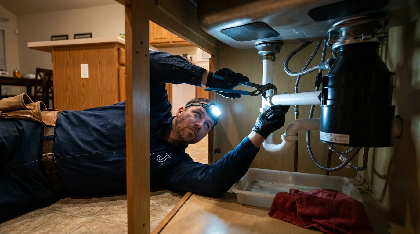 P-trap and supply line connections under a kitchen sink showing a common leak point in Batavia, OH